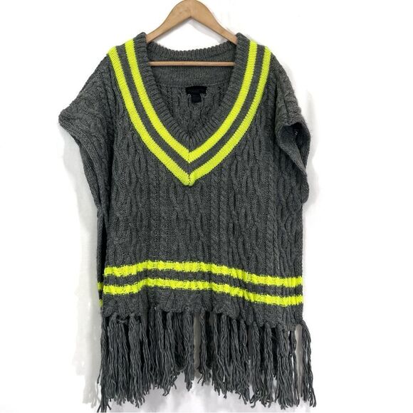 Steve Madden Womens Neon Stripe Fringe Knit Poncho Sweater OS Gray Fall Winter - Picture 3 of 9